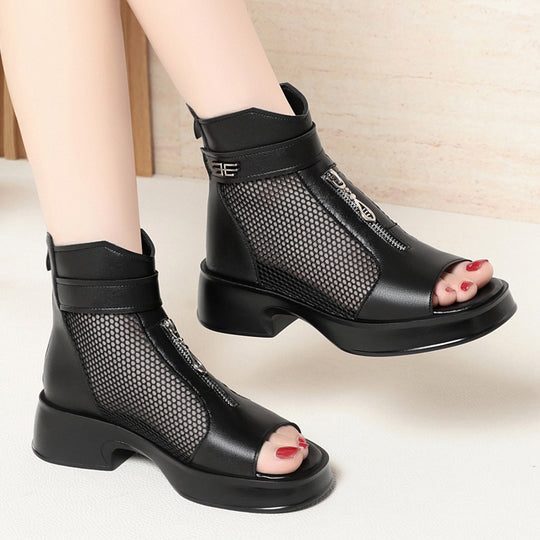 Damen Offene Stiefeletten mit Netzdesign und modischem Reißverschluss EB