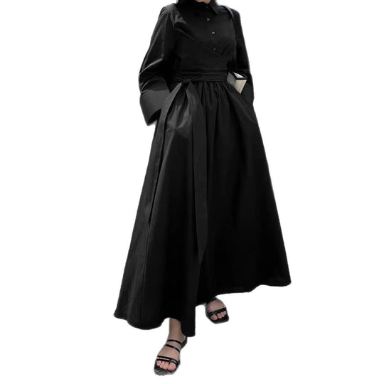Damen Maxikleid im Hemdblusenstil mit Taillenwickel, weitem Tellerrock und breiten Manschetten EB