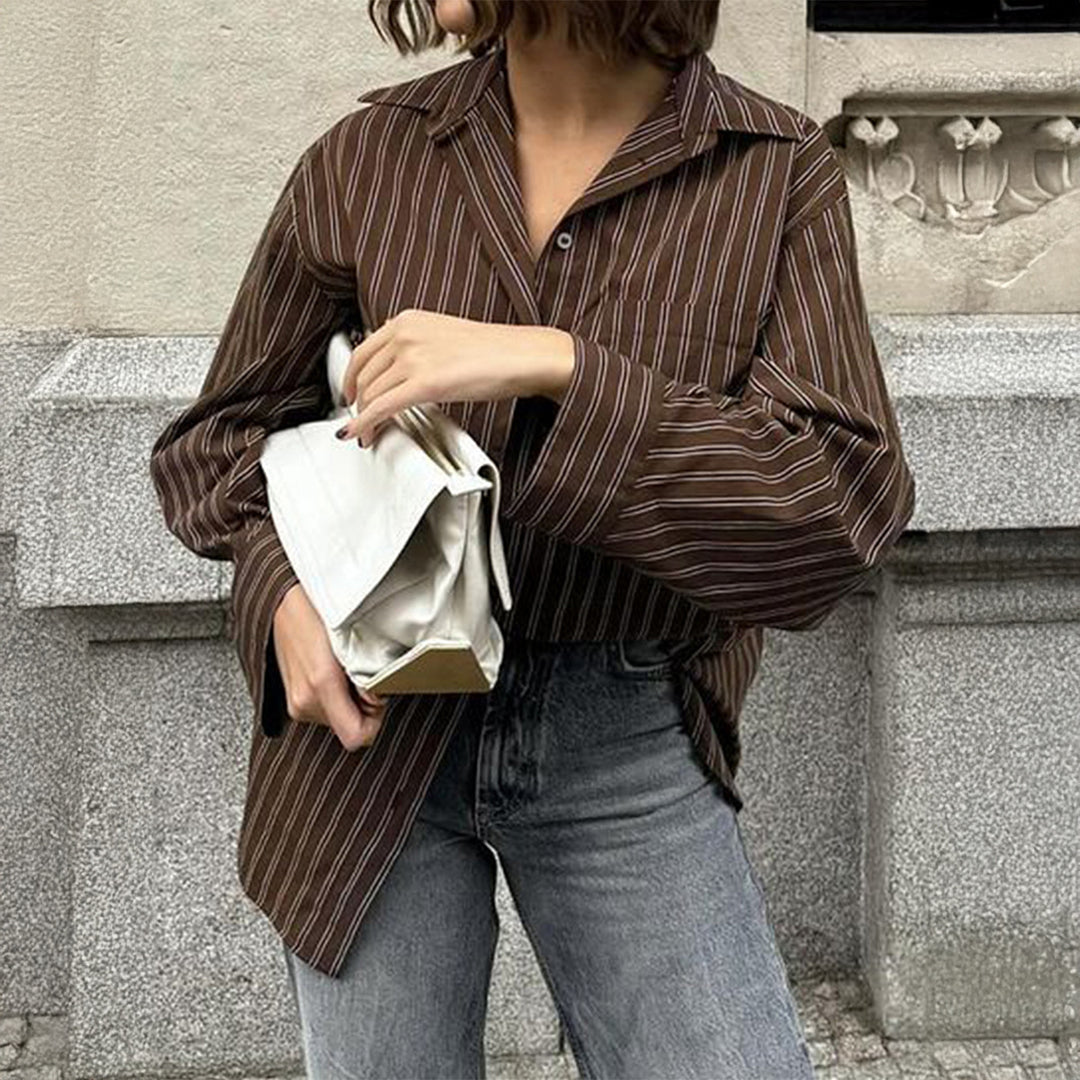 Damen nan lässiges Oversize-Hemd mit feinen Nadelstreifen, Hemdkragen und Brusttasche EB
