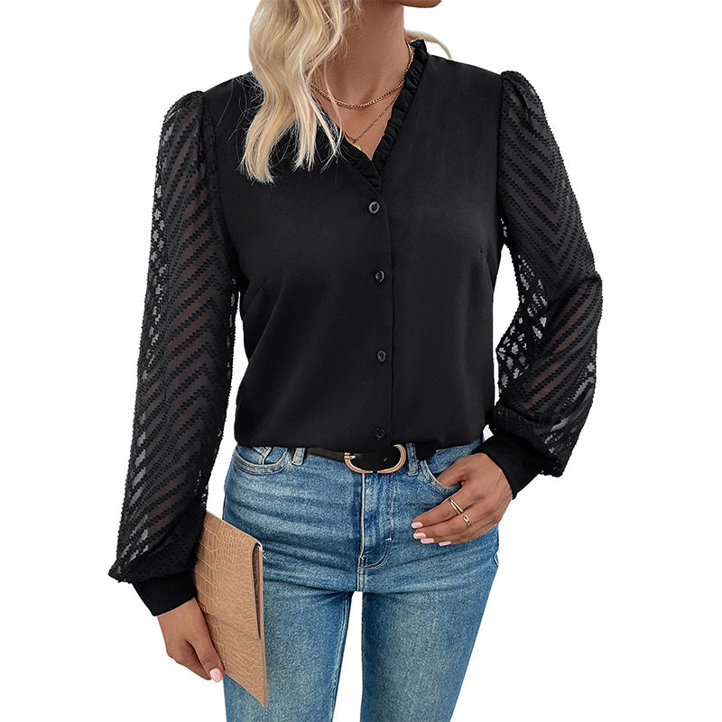 Damen elegante Bluse mit transparenten Rüschärmel und Knopfleiste EB