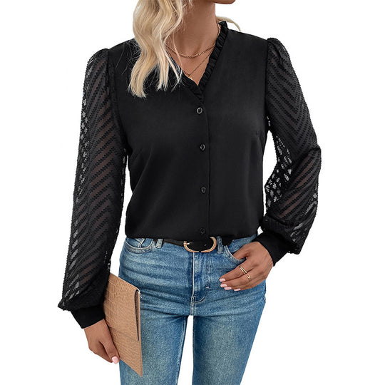 Damen elegante Bluse mit transparenten Rüschärmel und Knopfleiste EB