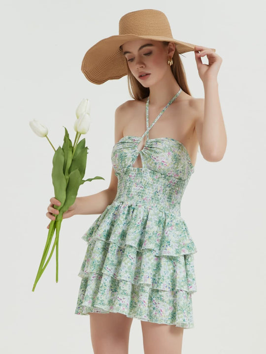 Damen Rüschenkleid mit trägerlosem Design und floralem Muster EB