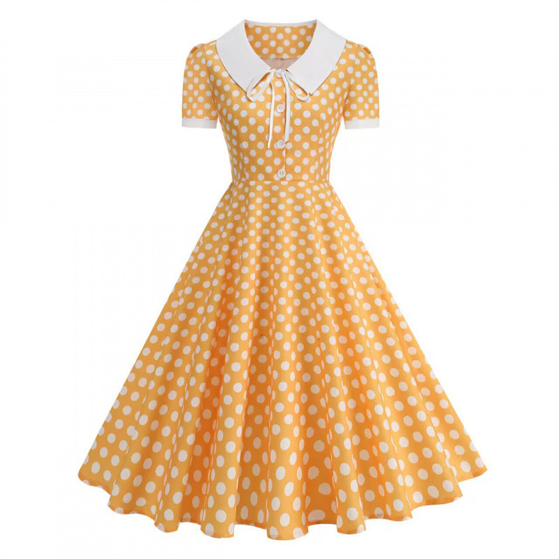 Damen Retro Maxikleid mit Kragen und Punkten EB