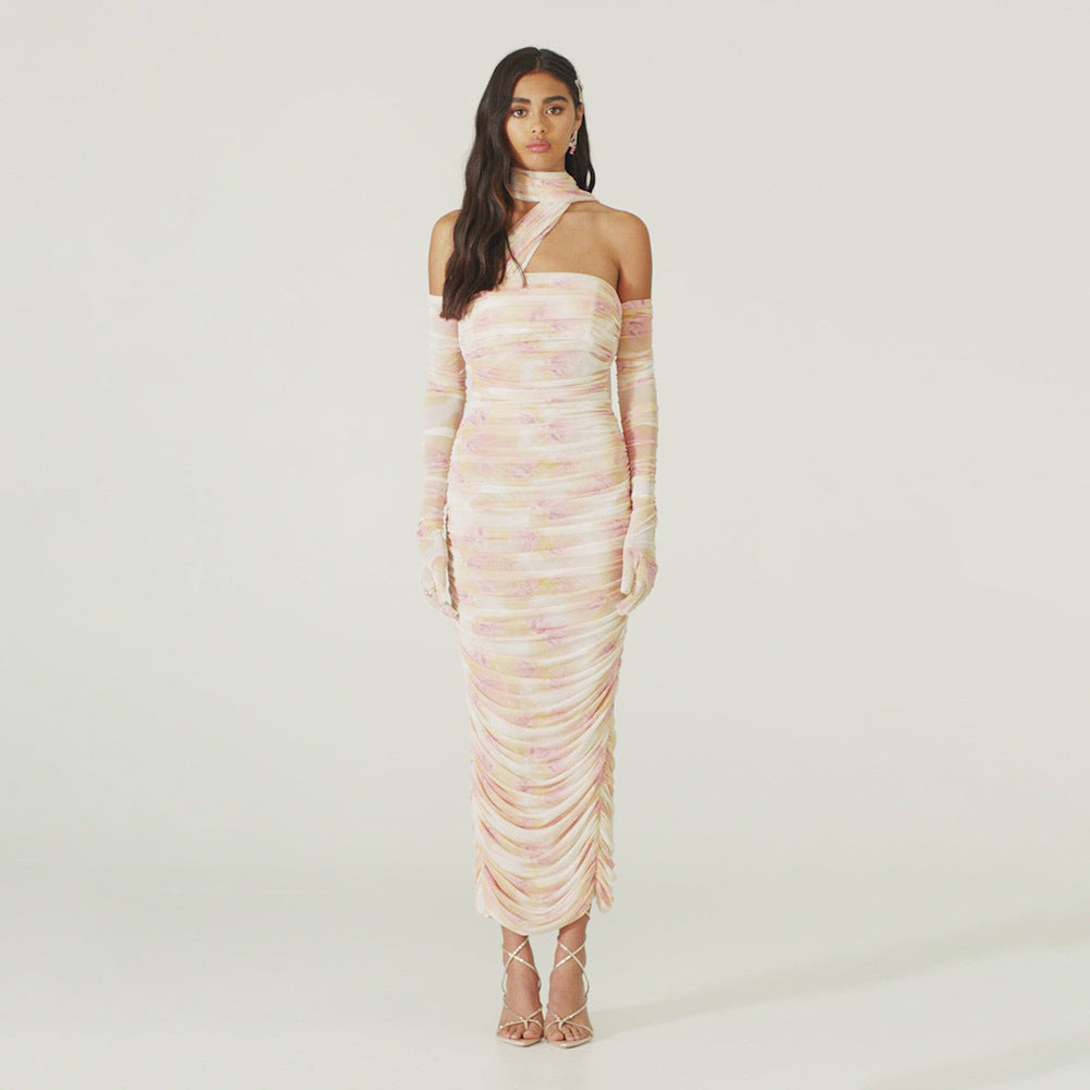 Damen figurbetontes Kleid mit asymmetrischen Ärmeln und stilvollem Drapée EB