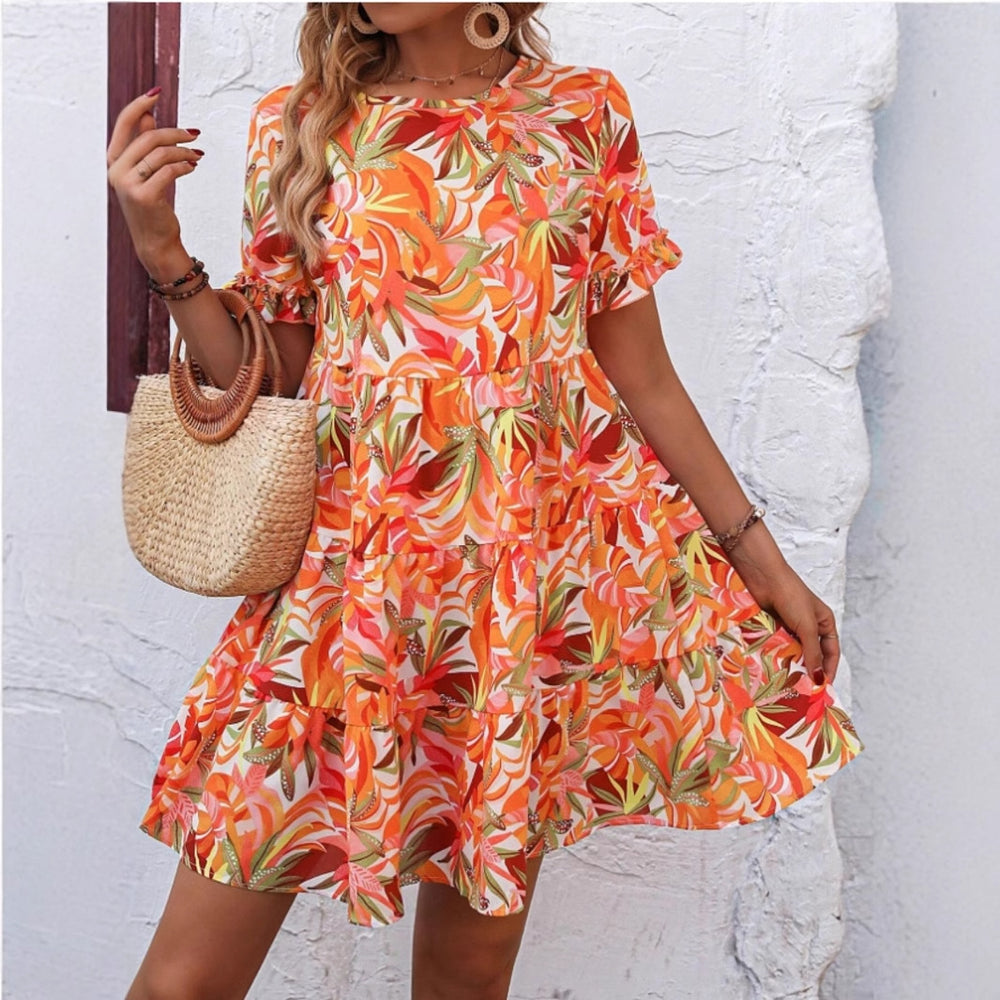 Damen Sommerliches Freizeitkleid mit Rüschendetails und frischem Blumenmuster EB