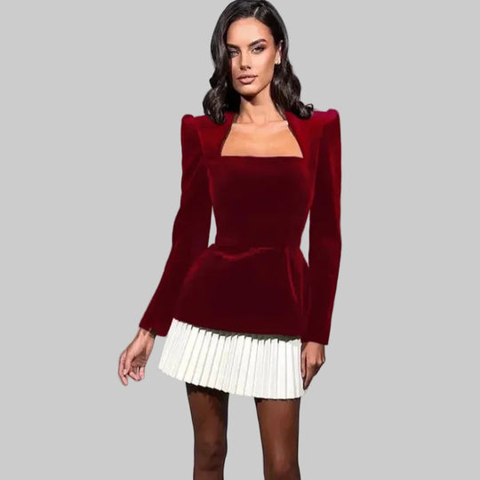 Damen Elegantes Samtoberteil mit langem Arm und quadratischem Ausschnitt EB