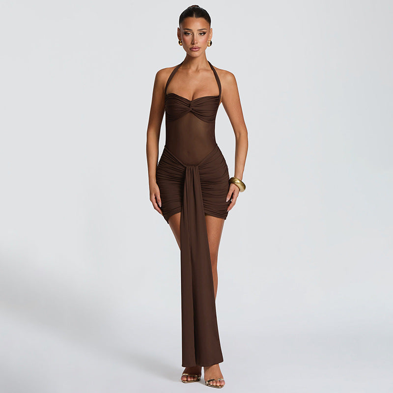 Damen Strandkleid mit raffiniertem Wickeldesign und charmanten Rüscheneffekt EB