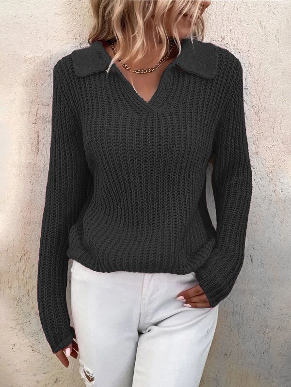 Damen V-Ausschnitt Strickpullover mit Kragen EB