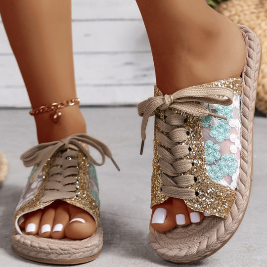 Damen Modische Zehentrenner-Pantoletten mit glitzernden Akzenten und floralen Details EB
