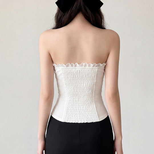 Damen Bustier-Oberteil mit dekorativem Rüschensaum und Knopfdetails EB