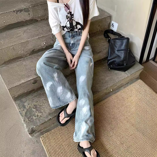 Damen Weite High-Waist Jeans mit minimalistischem Design und stylischen Waschungen EB