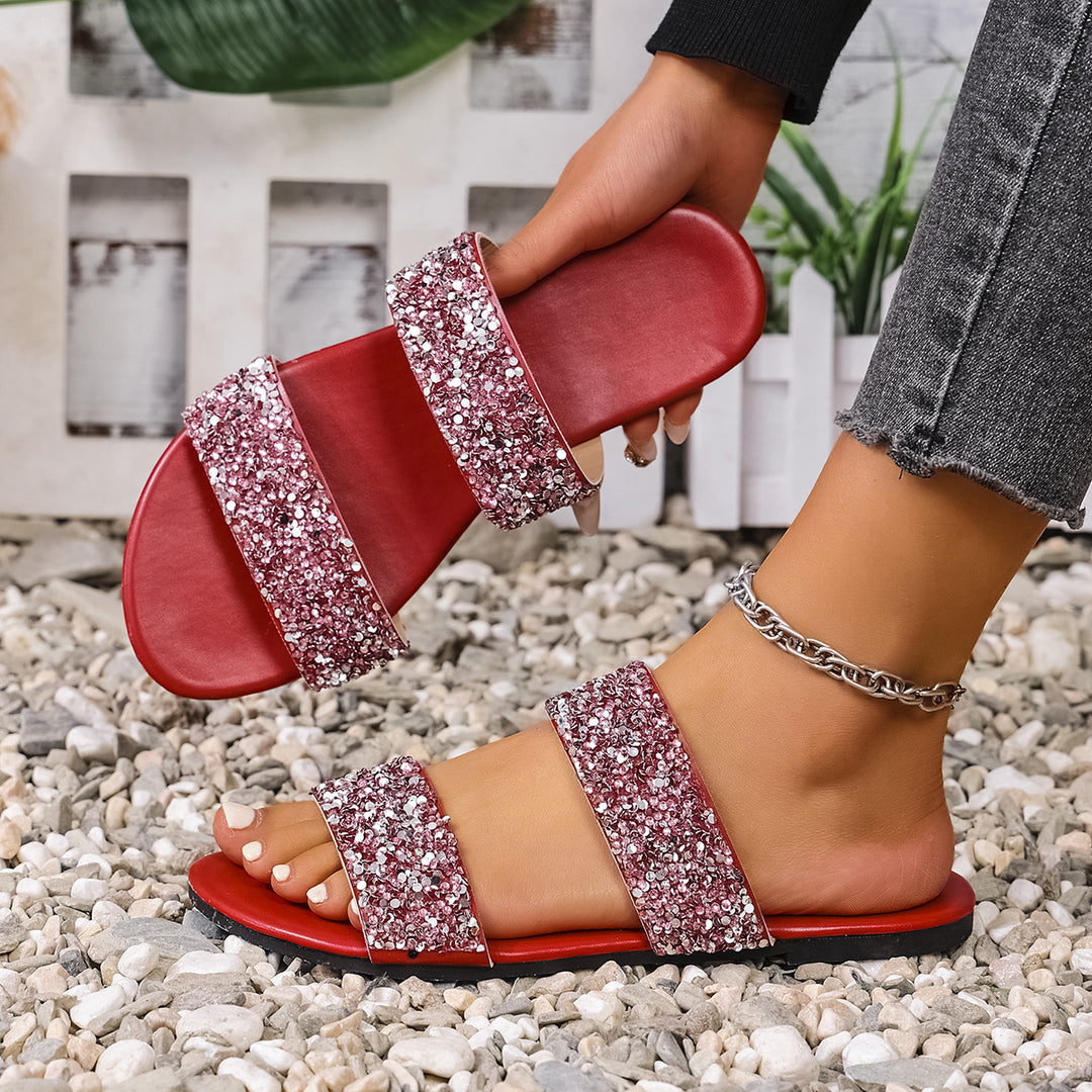 Damen Glitzernde Slides mit breiten Riemen EB