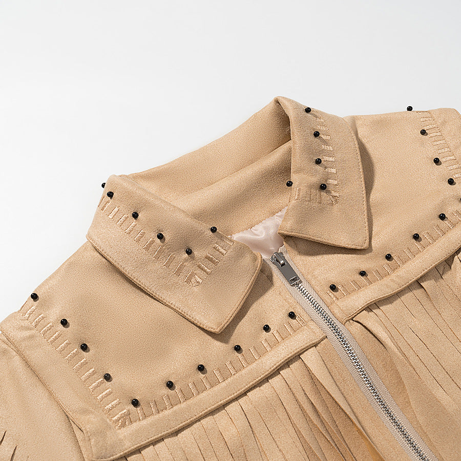 Damen Fransenjacke aus Wildlederimitat mit Zipper und stilvollen Applikationen EB