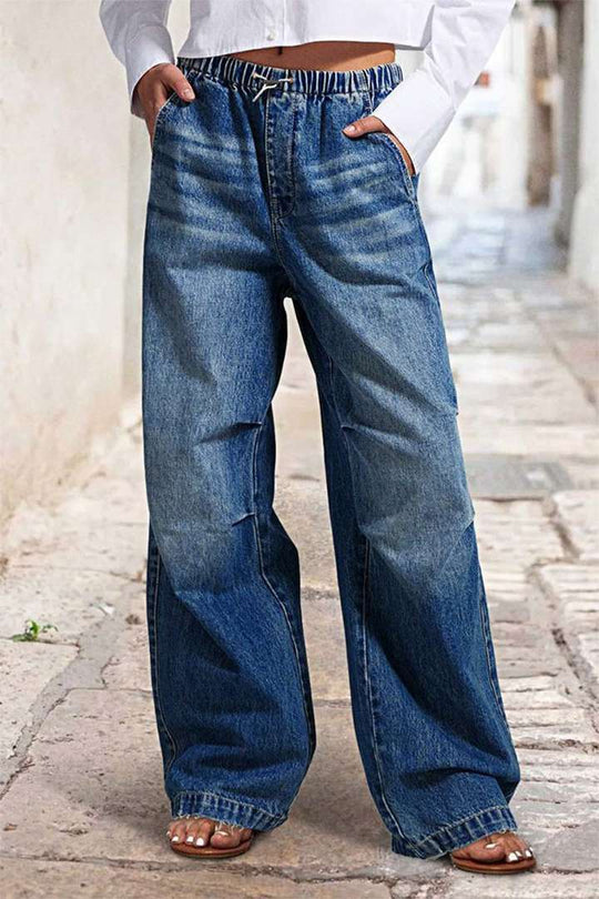 Damen weite Denim-Hose mit elastischem Bund und lässigem Design EB