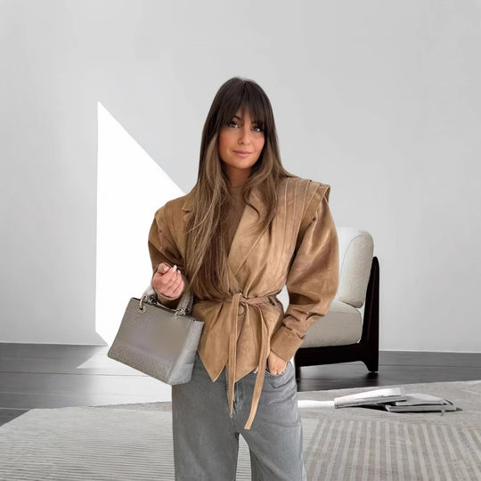 Damen schicke Wollblazerjacke mit Taillengürtel EB