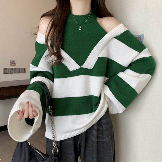 Damen V-Ausschnitt Oversized-Pullover mit modischem Streifenmuster und offenem Schulterdesign EB