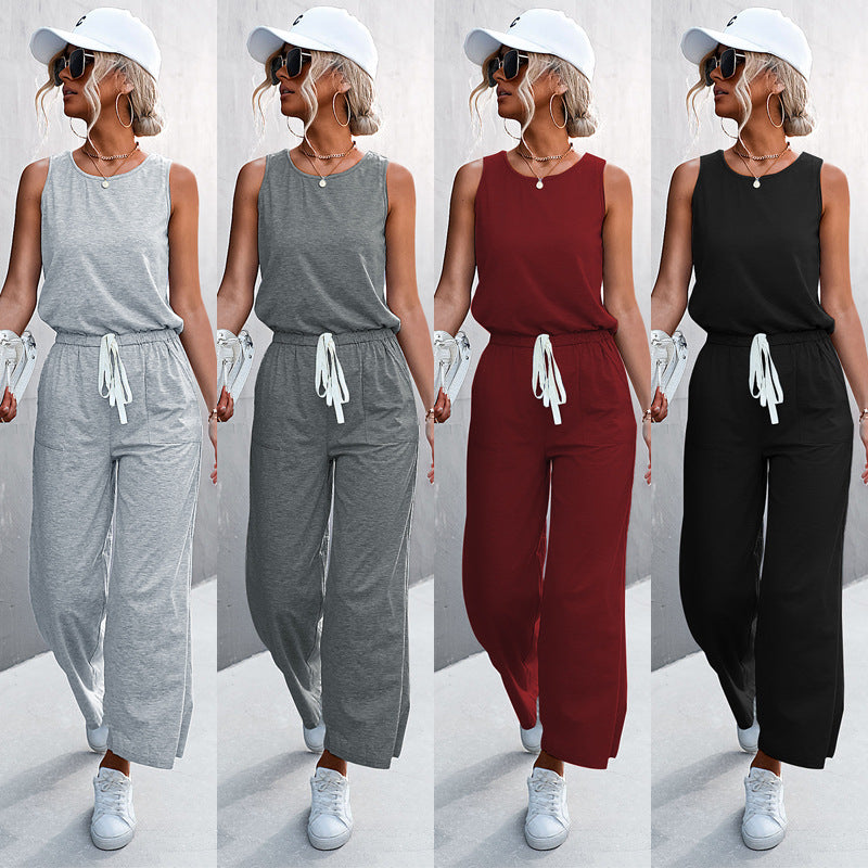 Damen luftiger Jumpsuit mit weitem Bein und elastischem Taillenzug EB