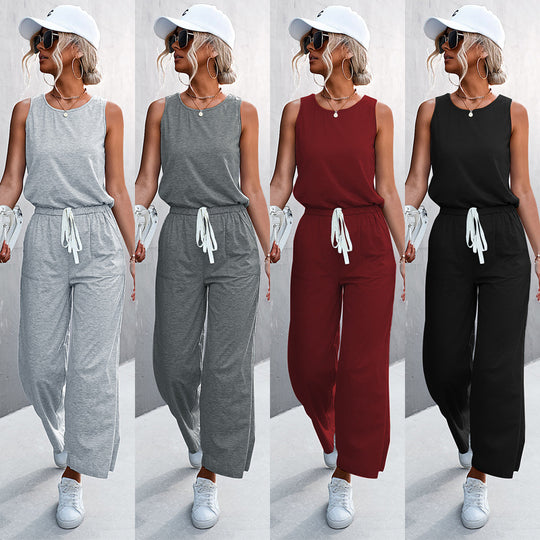 Damen luftiger Jumpsuit mit weitem Bein und elastischem Taillenzug EB
