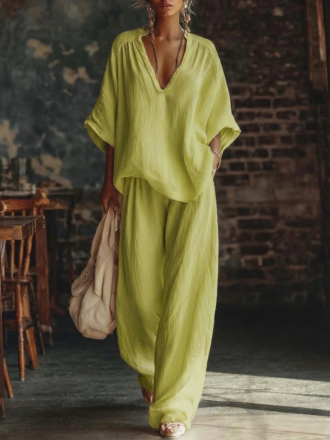 Damen nan lässiges zweiteiliges Leinenoptik-Set mit tiefem V-Ausschnitt, Oversize-Bluse und weitem Palazzo-Hosen EB