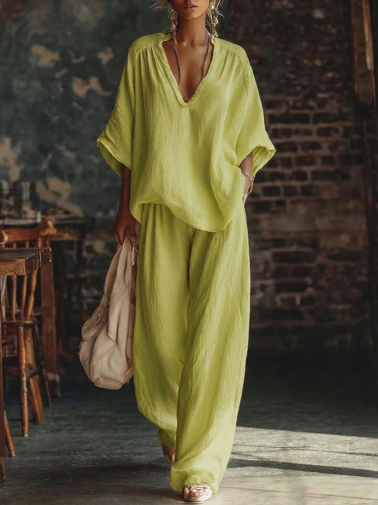 Damen nan lässiges zweiteiliges Leinenoptik-Set mit tiefem V-Ausschnitt, Oversize-Bluse und weitem Palazzo-Hosen EB