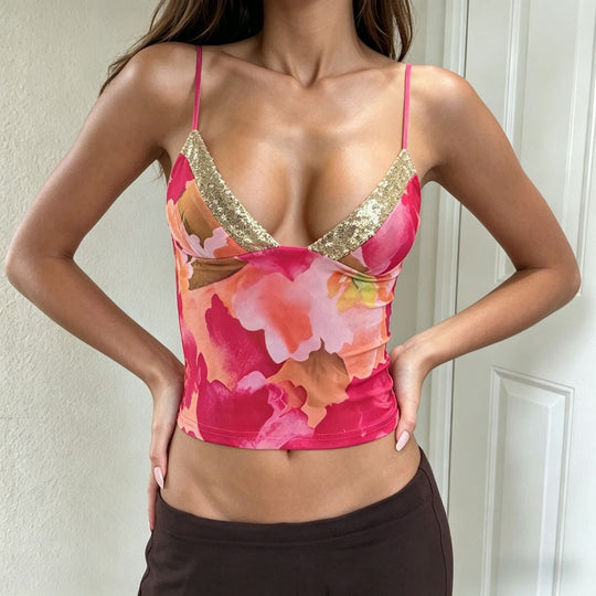 Damen Spaghetti-Trägertop mit floralem Design und glitzerndem Dekolleté EB