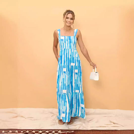 Damen Maxikleid mit verstellbaren Trägern und einzigartigem Streifenmuster EB