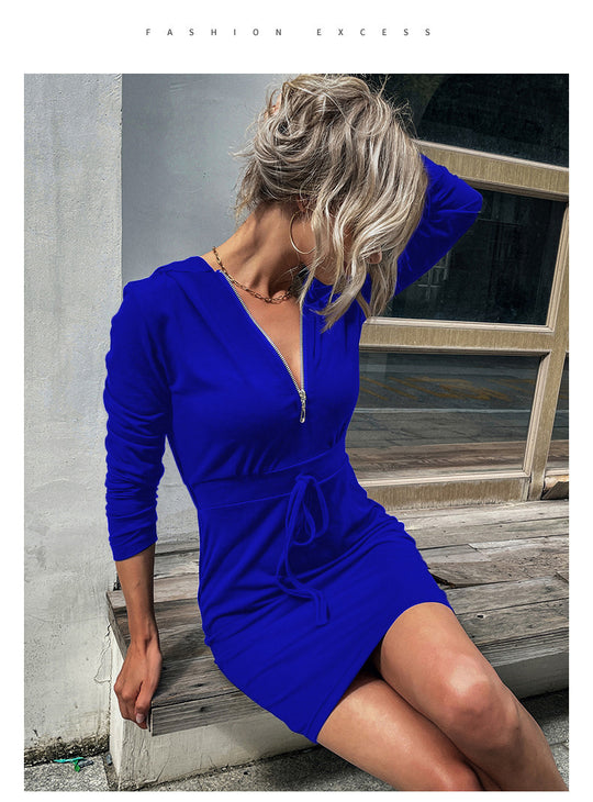 Damen Kapuzenkleid mit Reißverschluss und Taillenzug EB
