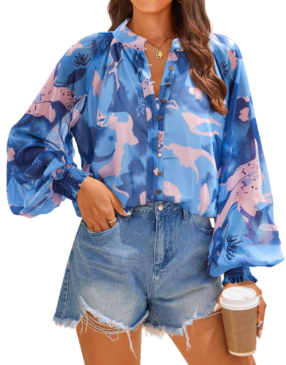 Damen Bluse mit kunstvollem Druck und geschöpften Ärmeln EB