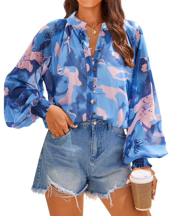 Damen Bluse mit kunstvollem Druck und geschöpften Ärmeln EB