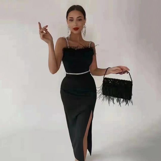 Damen Elegantes Abendkleid mit filigranem Spitzenbesatz und verführerischem Schlitz EB