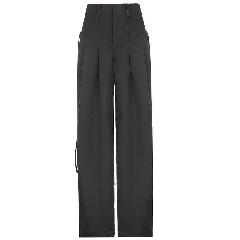 Damen nan hochtaillierte weite Bundfaltenhose mit Cargo‑Details, Gürtelschlaufen und geradem Beinschnitt EB