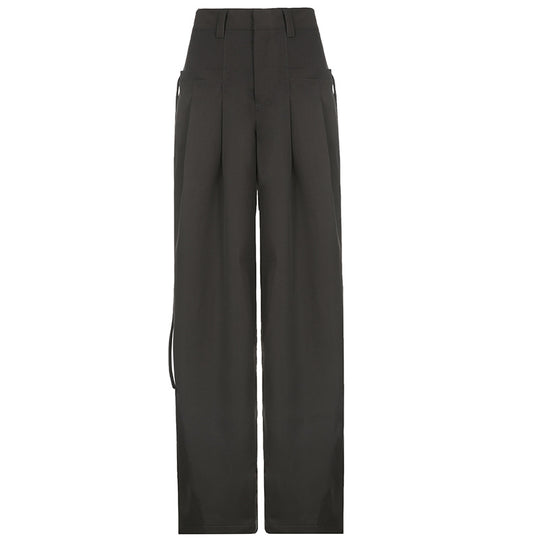 Damen nan hochtaillierte weite Bundfaltenhose mit Cargo‑Details, Gürtelschlaufen und geradem Beinschnitt EB