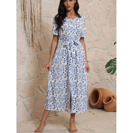 Damen Langarmmaxikleid mit floralem Design und elegantem Bindegürtel EB