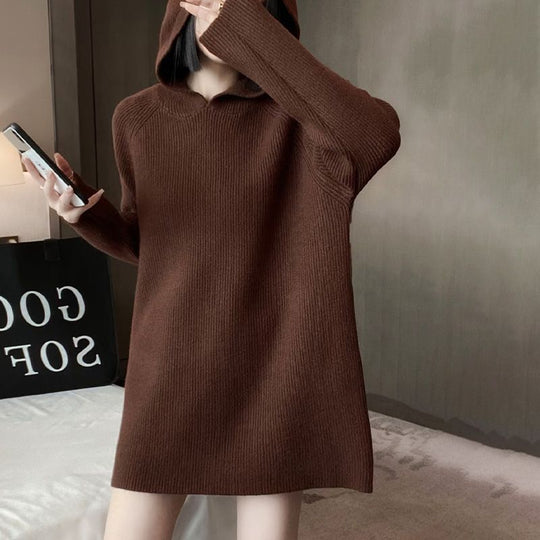 Damen Pulloverkleid mit Kapuze und Rippstruktur EB