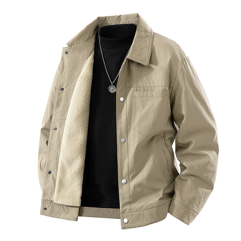 Men's  sherpa-lined relaxed coach jacket with snap-front closure and chest pocket EB