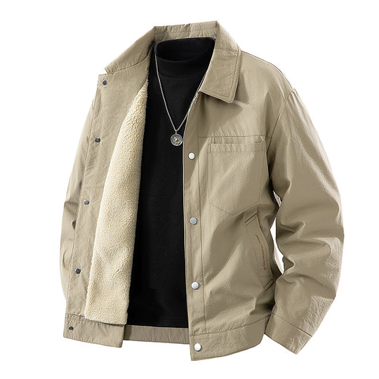 Men's  sherpa-lined relaxed coach jacket with snap-front closure and chest pocket EB