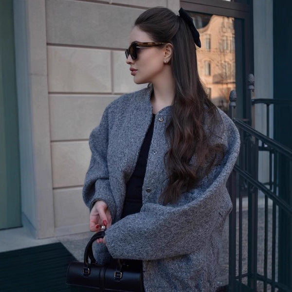 Damen Oversized Strickjacke aus weichem Teddystoff mit Stehkragen und seitlichen Taschen EB