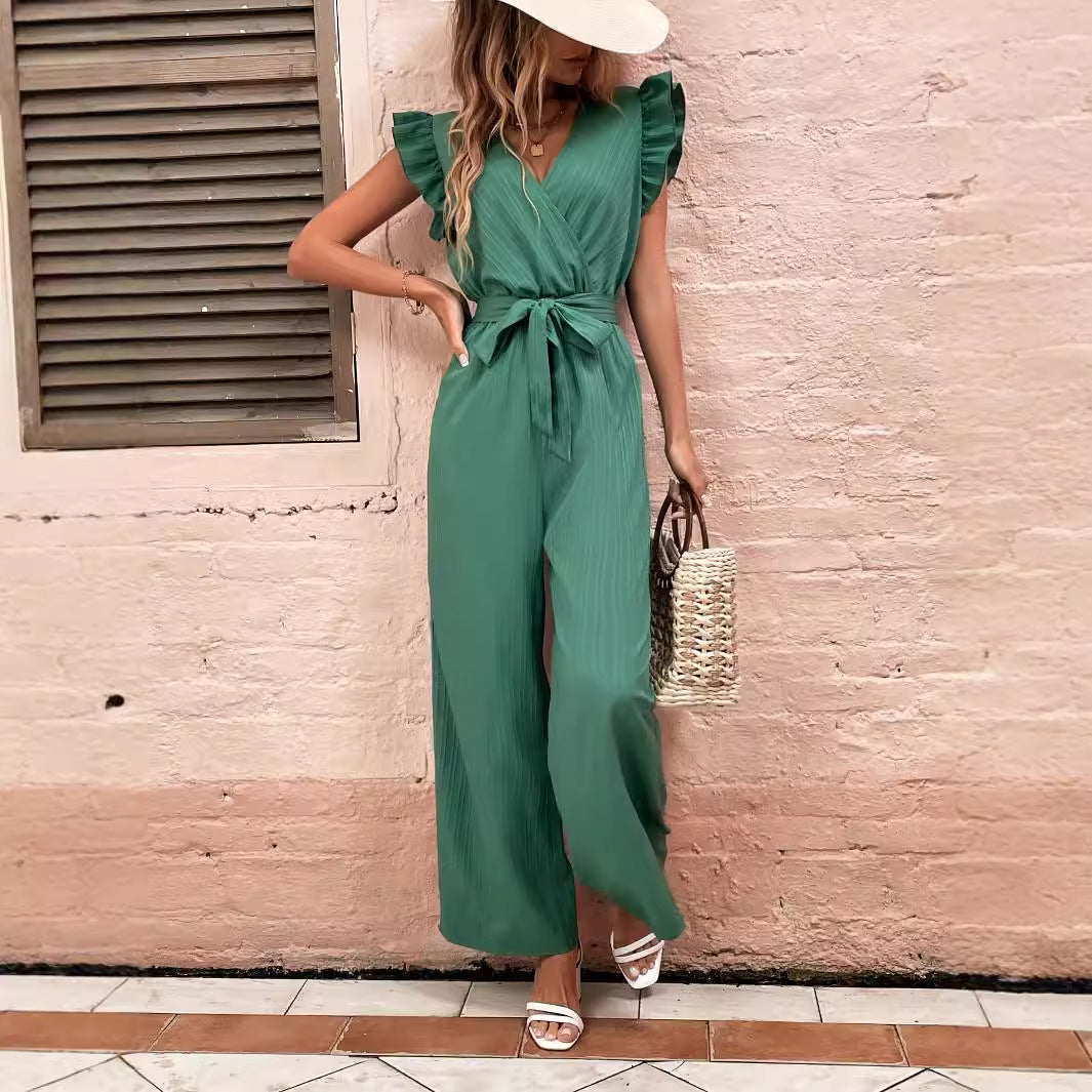 Damen Eleganter Jumpsuit mit Taillengürtel und Rüschendetails EB