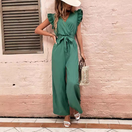 Damen Eleganter Jumpsuit mit Taillengürtel und Rüschendetails EB