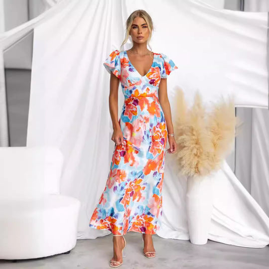 Damen Maxi-Kleid mit floralem Design und fließender Silhouette EB