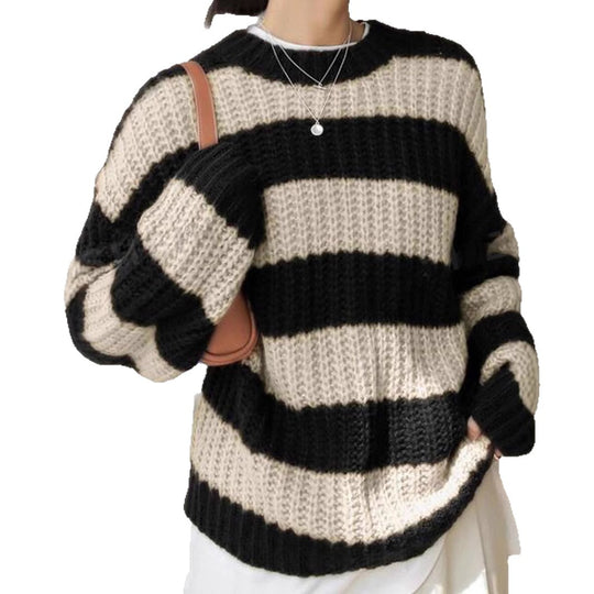 Damen modischer Strickpullover mit breiten Streifen und lockerer Passform EB