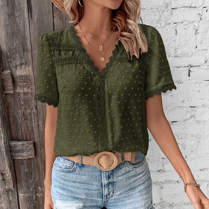 Damen Bluse mit zarten Spitzenakzenten und modernem V-Ausschnitt EB