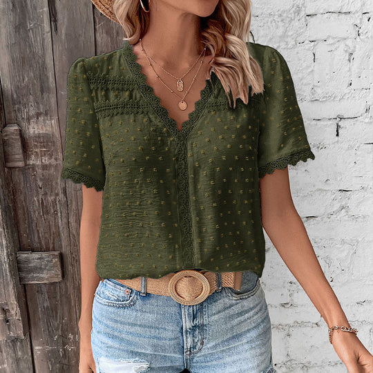 Damen Bluse mit zarten Spitzenakzenten und modernem V-Ausschnitt EB