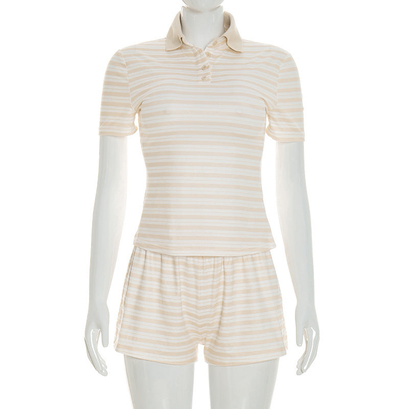 Damen gestreiftes Schlafset mit Poloshirt und Shorts EB