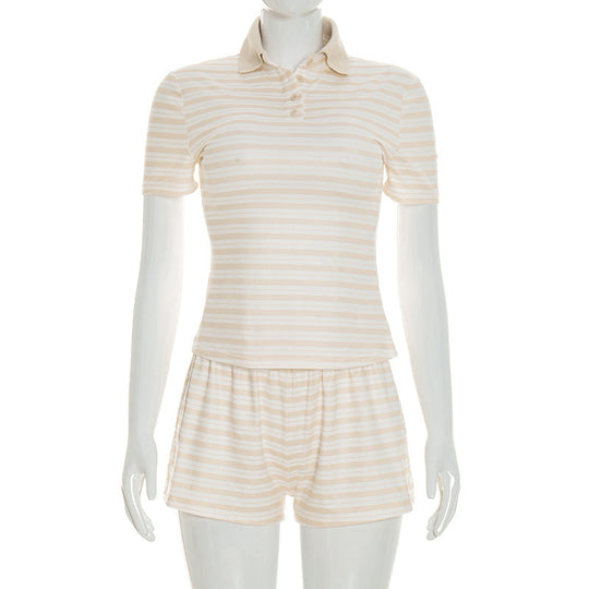 Damen gestreiftes Schlafset mit Poloshirt und Shorts EB