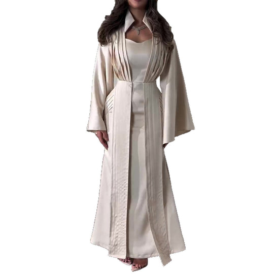Damen elegantes Maxikleid mit schickem Taillenschnitt und luxuriösem Satinbesatz EB