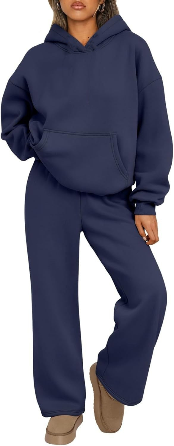 Damen nan Cozy-Loungewear-Set mit oversized Kapuzenpullover, Kängurutasche und weiten Palazzo-Jogginghose EB