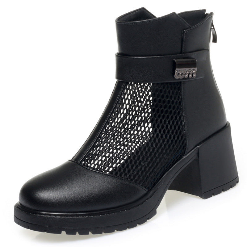 Damen Stylische Stiefeletten mit Netzdesign und robustem Blockabsatz EB