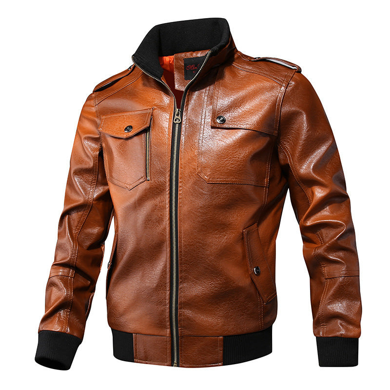 Herren Kunstleder-Flightjacke mit Brust- und Reißverschlusstaschen, Stehkragen und Rippbündchen EB
