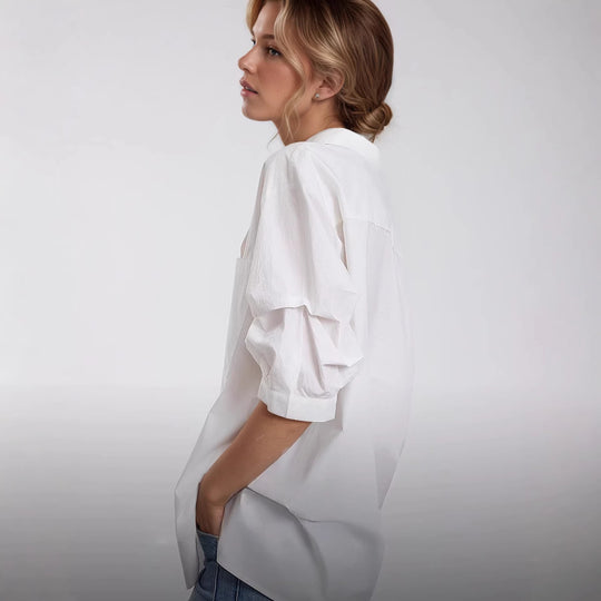 Damen Elegante Oversized Bluse aus hochwertigem Baumwollmix mit verdeckter Knopfleiste EB